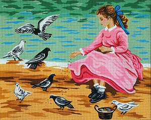 Канва жесткая с рисунком "Голуби и девочка"